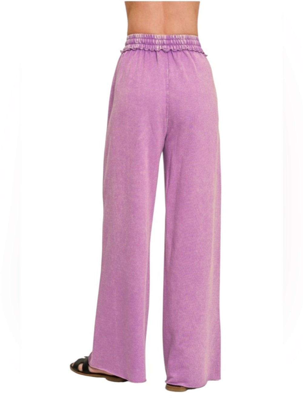 Zenana Black Wash Cotton French Terry Wide Leg Pants - Picture 6 of 8